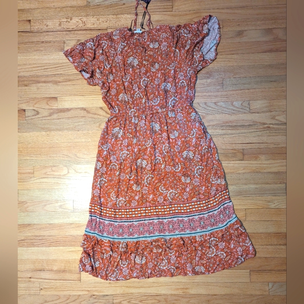 LARGE Iced Latte Flutter Short Sleeve Smocked Dress Pockets Knox Rose Floral - Picture 10 of 10